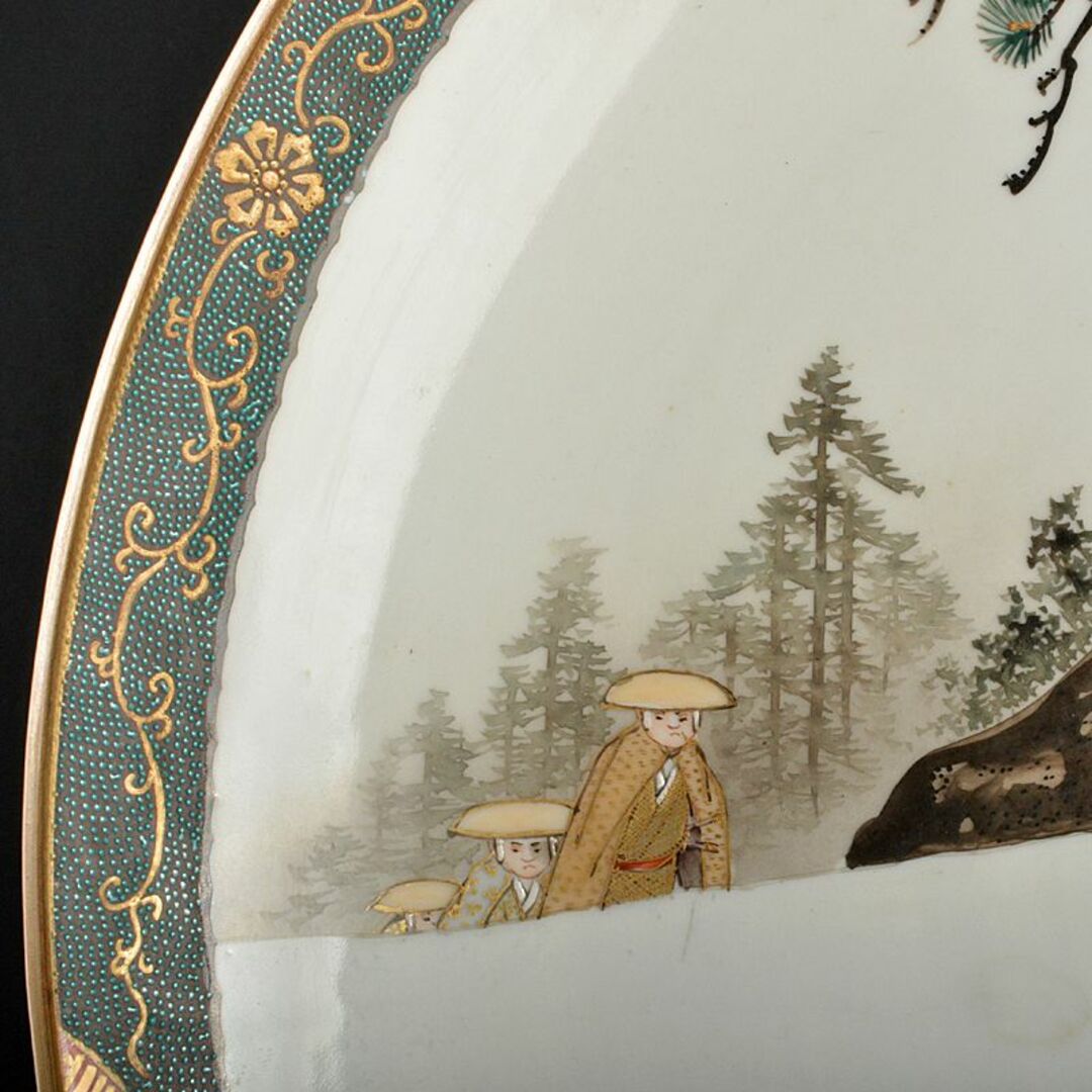 九谷焼 古九谷 青粒色絵金彩 山水人物文 大皿 直径約40cm M 九谷焼 古九谷 青粒色絵金彩 山水人物文 大皿 直径約40cm M