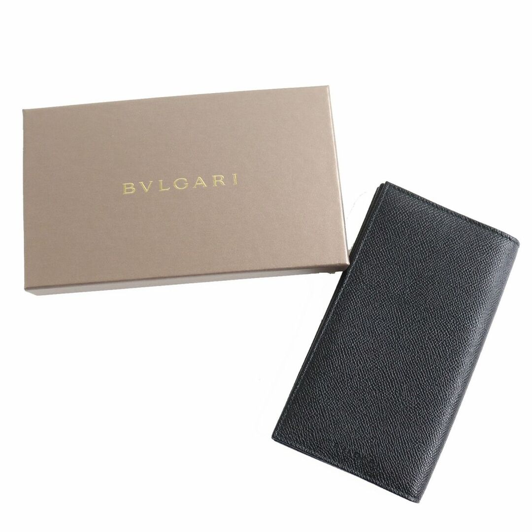 極美品△BVLGARI ブルガリ 25752 クラシコ ロゴ刻印入り グレインレザー ロングウォレット 2つ折り 長財布 ブラック 伊製 メンズ 箱付