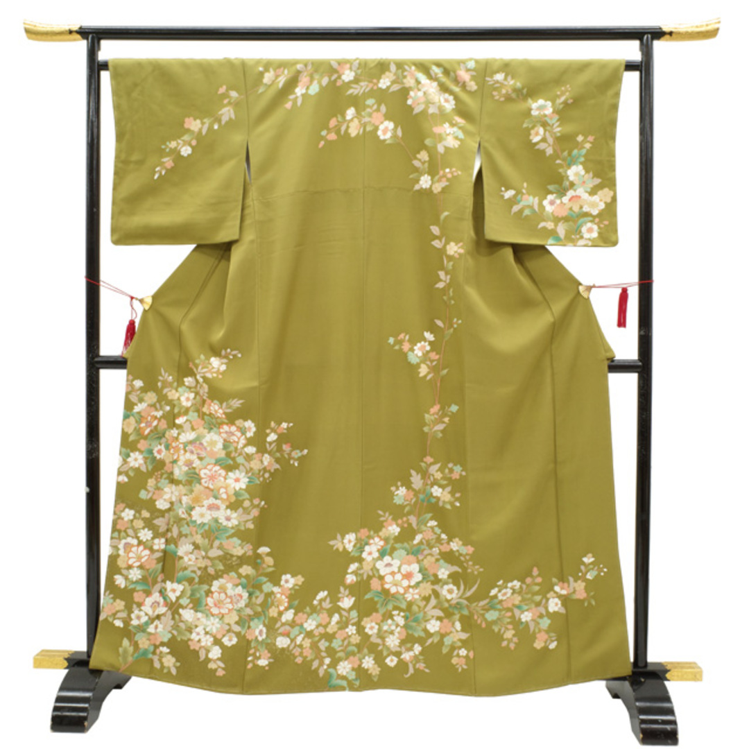 すごい値!訪問着 袷 着物 正絹 鶯色地 黄茶緑 牡丹 菊 金駒刺繍 金彩