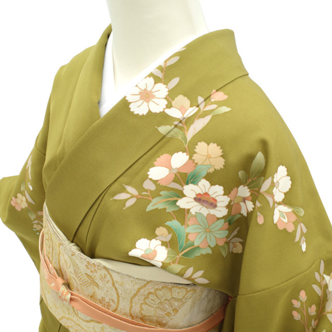 すごい値!訪問着 袷 着物 正絹 鶯色地 黄茶緑 牡丹 菊 金駒刺繍 金彩