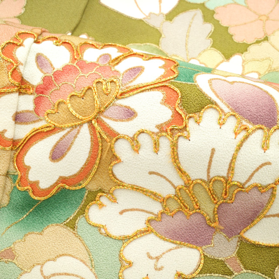 すごい値!訪問着 袷 着物 正絹 鶯色地 黄茶緑 牡丹 菊 金駒刺繍 金彩