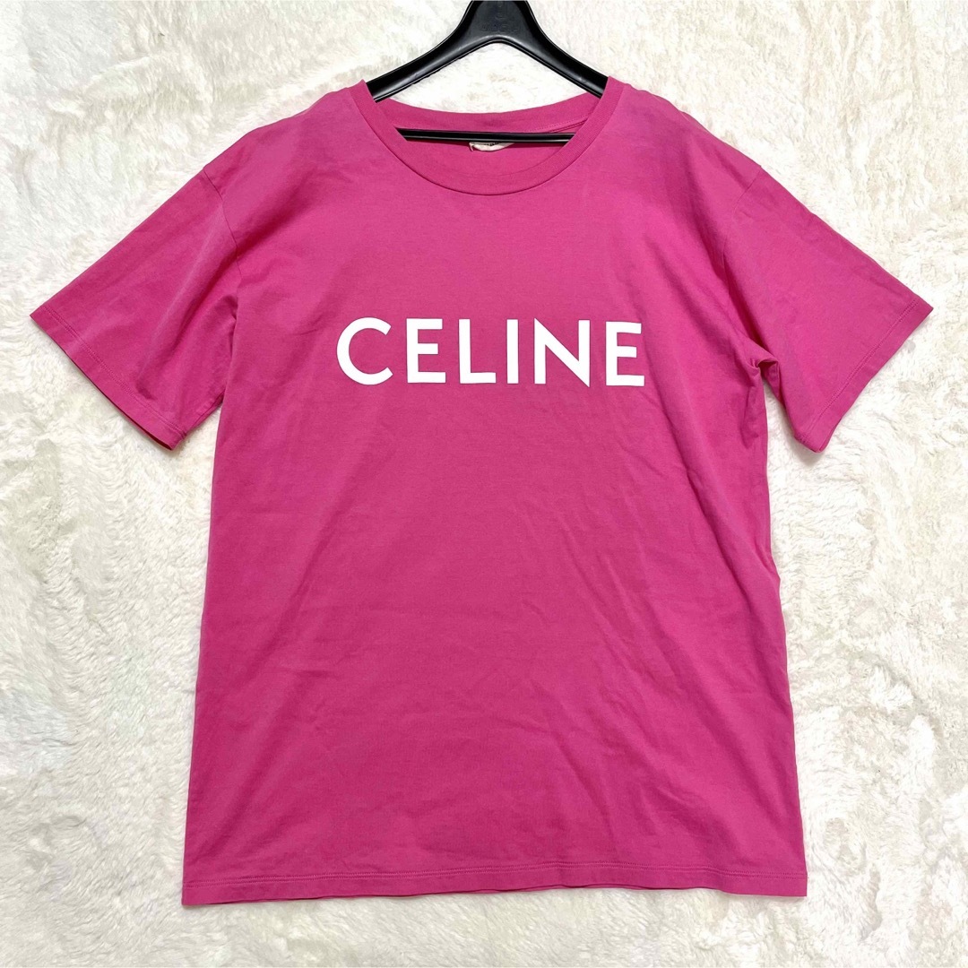 65cm肩幅人気 CELINE セリーヌ 21SS ルーズ ロゴ プリント Tシャツ ピンク