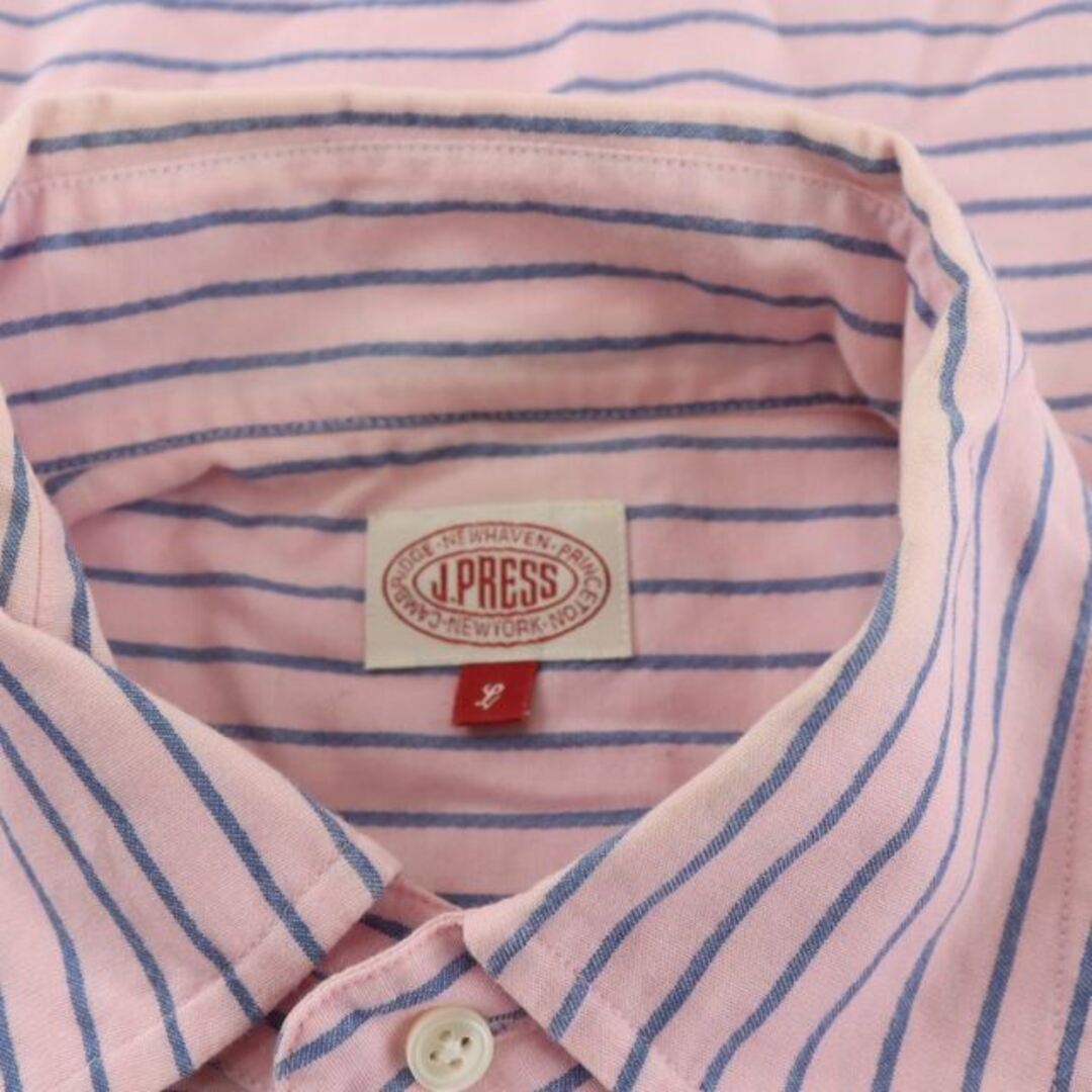 J.PRESS(ジェイプレス)のJ.PRESS ボタンダウンシャツ ボーダー 麻混 半袖 L ピンク 水色 メンズのトップス(シャツ)の商品写真