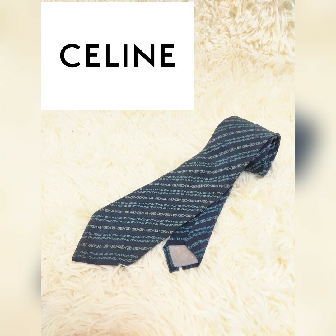 celine(セリーヌ)のCeline　ネクタイ　セリーヌ　グリーン　ネイビー　シルク100%　馬車 メンズのファッション小物(ネクタイ)の商品写真