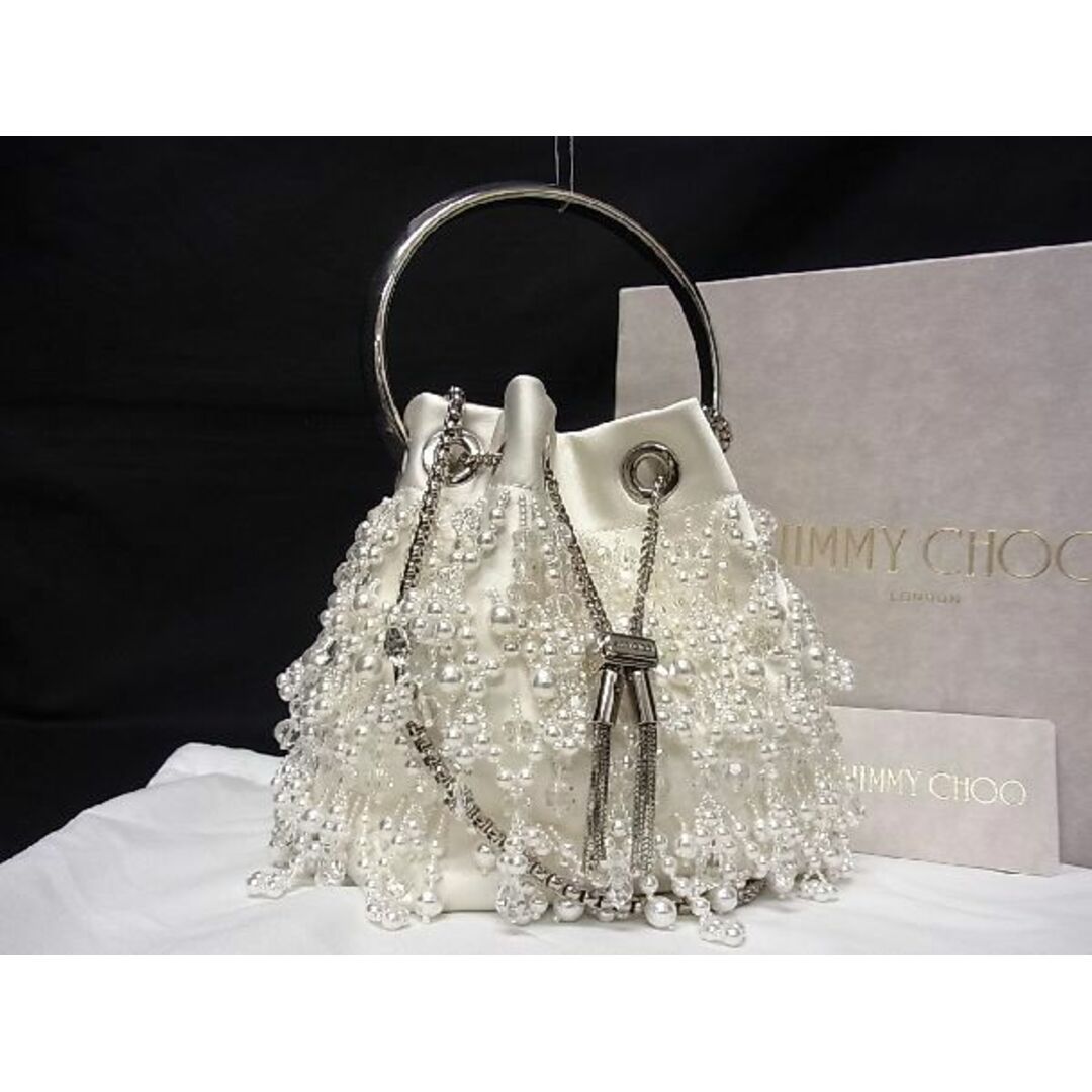 ■美品■ JIMMY CHOO ジミーチュウ ビーズボンボン サテン チェーン メタルハンドル 2WAY ショルダー ハンドバッグ ホワイト系 AA8075WZJIMMYCHOOの