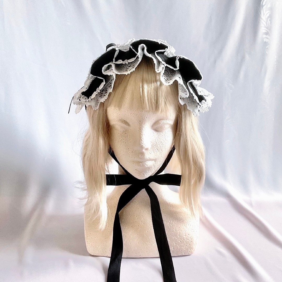 編み上げハーフボンネット風ヘッドドレス 黒×オフ白