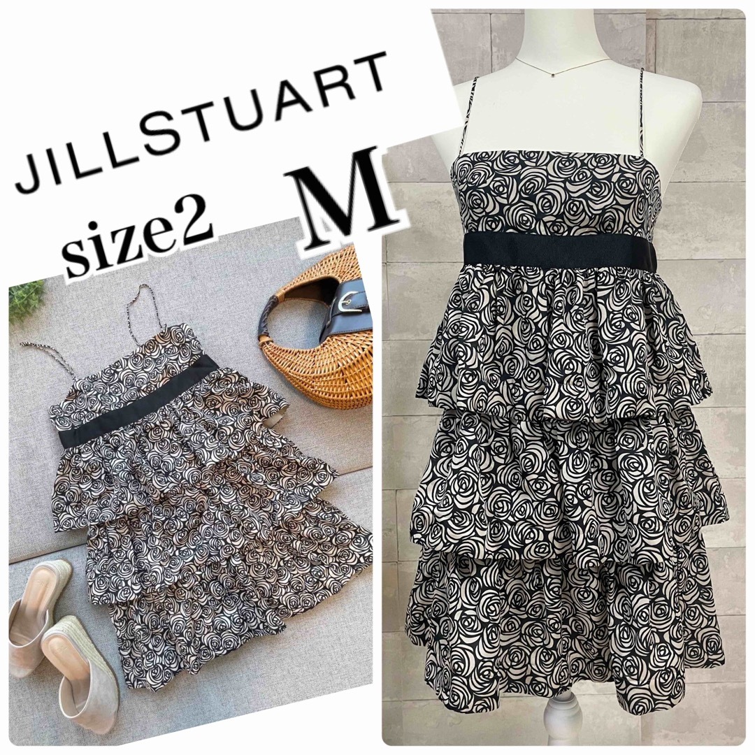 JILLSTUART(ジルスチュアート)のジルスチュアートワンピース　バラ柄　M相当　サイズ4 ティアード　黒　フリル花柄 レディースのワンピース(ミニワンピース)の商品写真