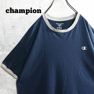 チャンピオン(Champion)の【チャンピオン】ワンポイント 刺繍 ロゴ リンガーネック Tシャツ 紺 2XL(Tシャツ/カットソー(半袖/袖なし))