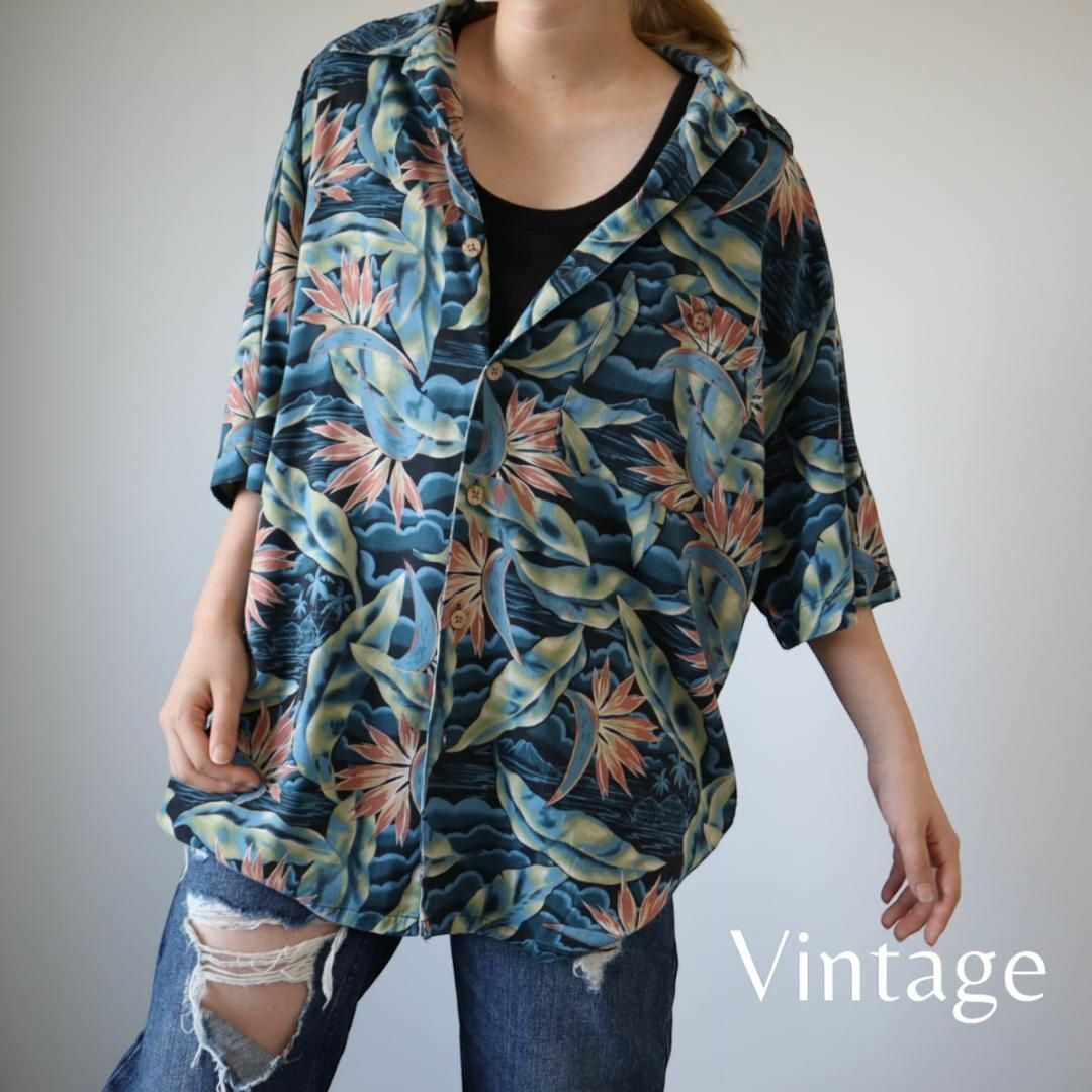 【vintage】シーグラス 海 ボタニカル柄 シルク 絹 半袖シャツ 青 L