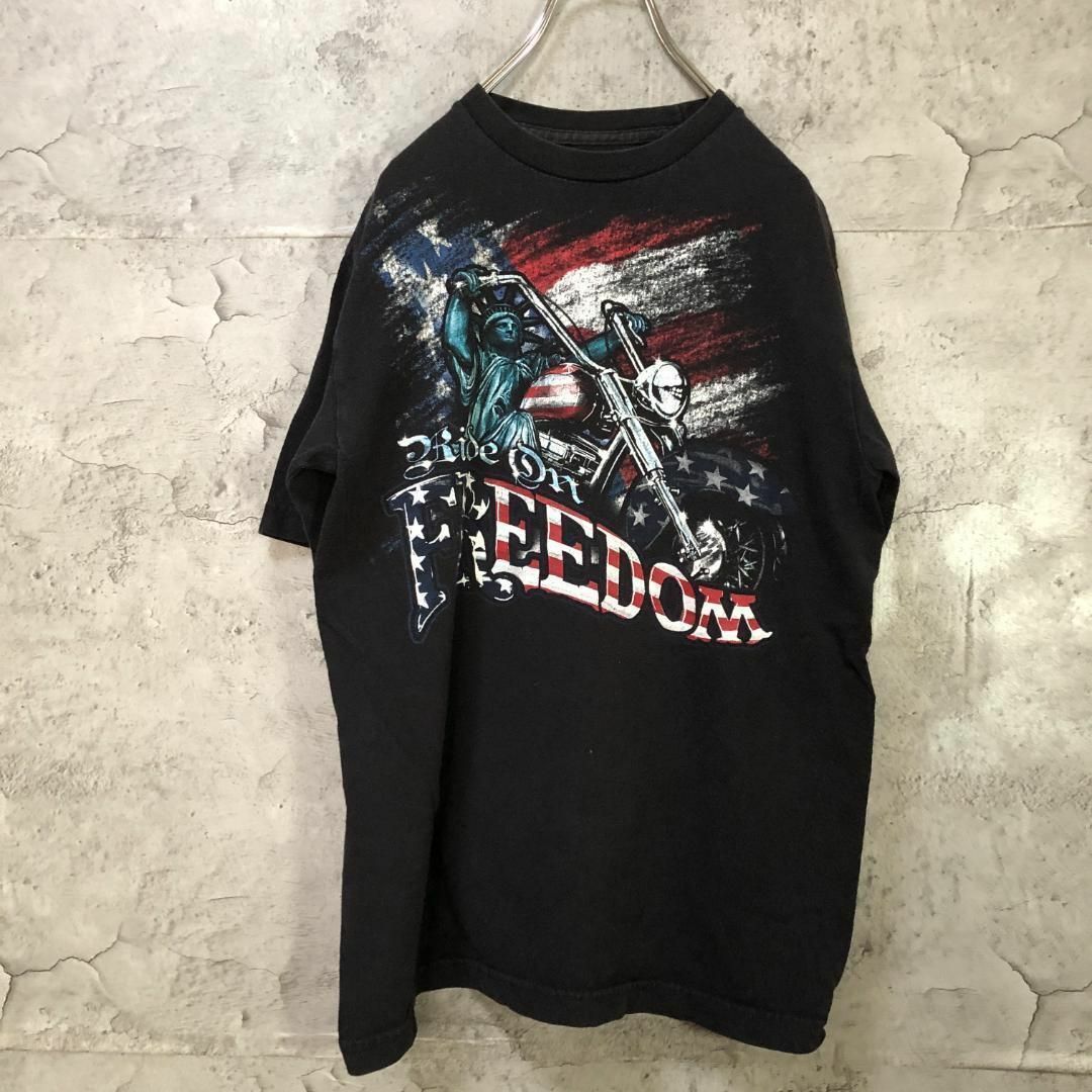 《USA》FREEDOM 自由の女神 バイカー ビッグプリント 黒 Tシャツ