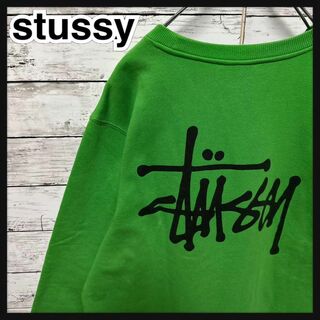 【人気デザイン】STUSSY バックプリント ビッグロゴ スウェット 黄緑 M