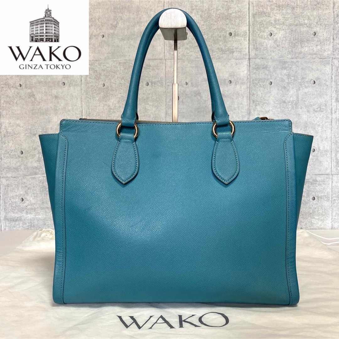 【WAKO】銀座和光 サフィアーノ ライトブルー ゴールド金具 ハンドバッグ