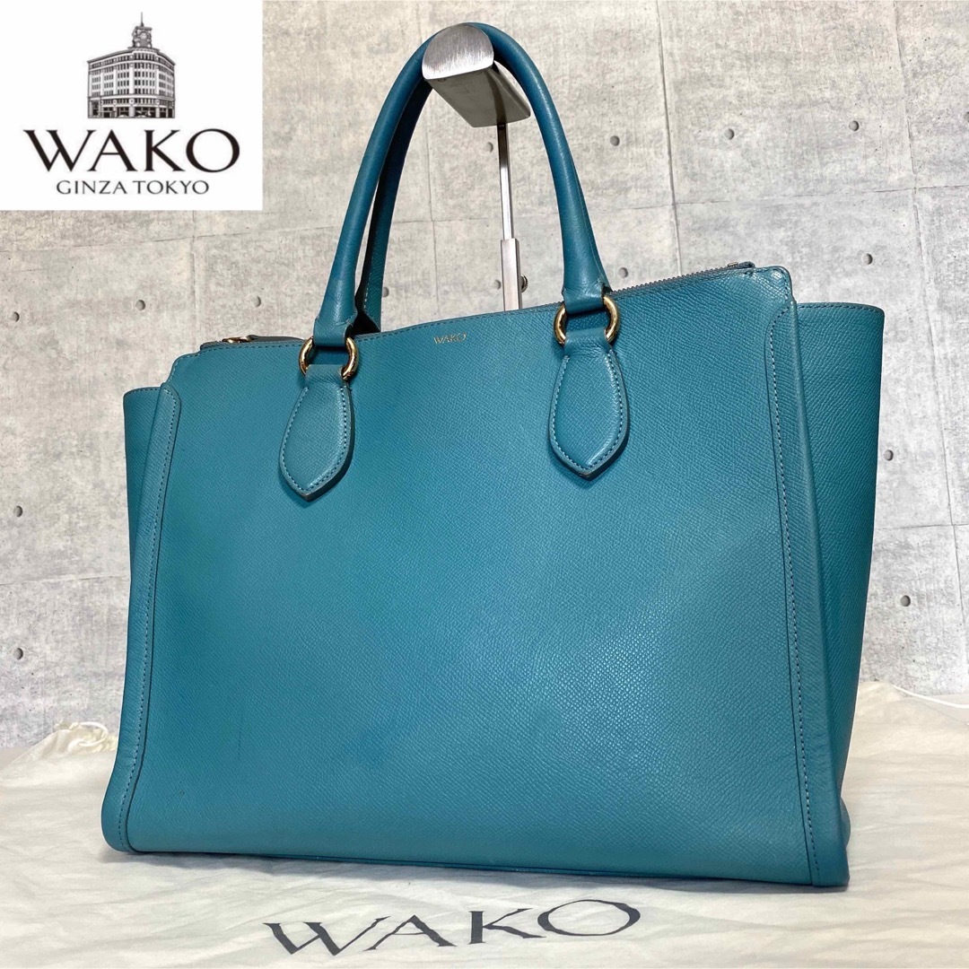 WAKO】銀座和光 サフィアーノ ライトブルー ゴールド金具 ハンドバッグ-