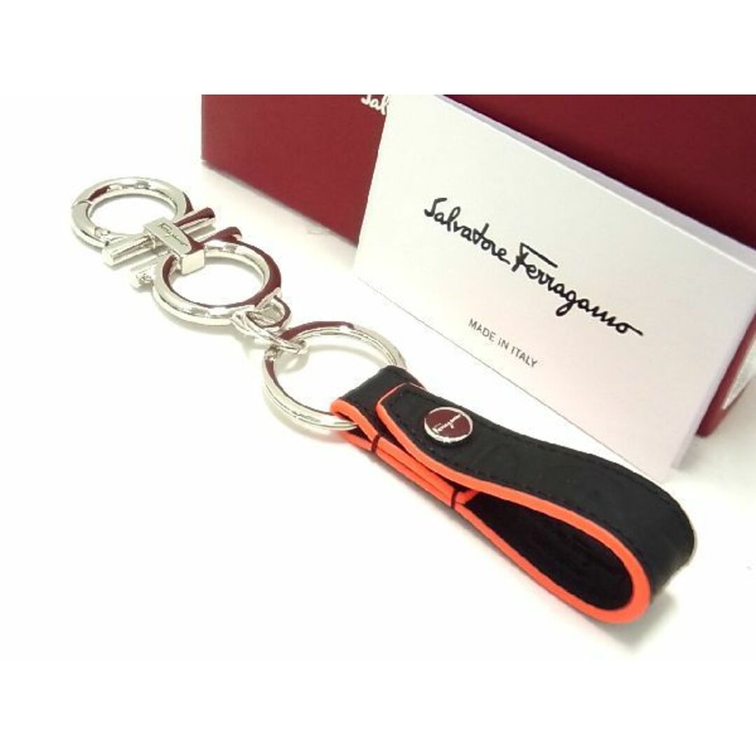 ■新品■未使用■ Salvatore Ferragamo フェラガモ ダブルガンチーニ レザー キーホルダー キーリング シルバー系×ブラック系 BC5513アZその他
