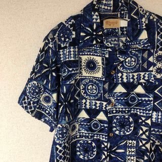 Kramers Honolulu/希少 麻 藍染 アロハシャツ 古着 メンズ(Tシャツ/カットソー(半袖/袖なし))