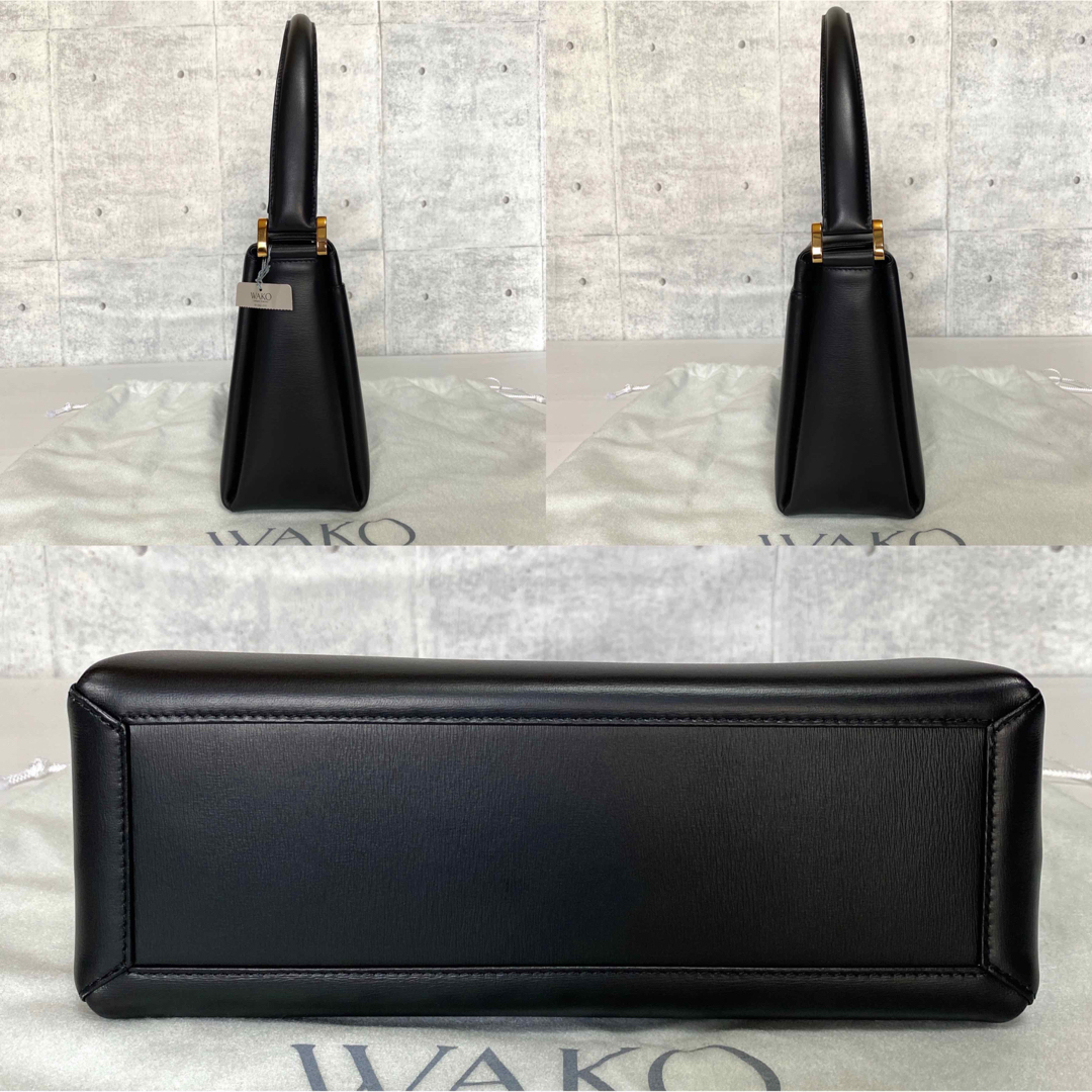 【美品】WAKO 銀座和光 現行品 カーフレザー 黒 ゴールド金具 ハンドバッグ