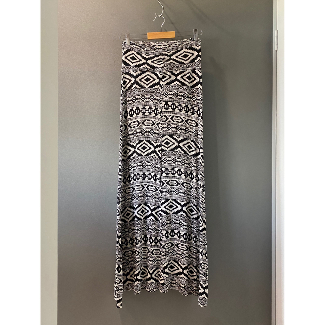 ビンテージ 90s USA 総柄 白黒 ネイティブ柄 ロング スカート 美品