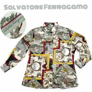 サルヴァトーレフェラガモ(Salvatore Ferragamo)のフェラガモ■大きめXL　ロゴ入りボタニカル＆動物柄シルク長袖シャツ ヴィンテージ(シャツ/ブラウス(長袖/七分))