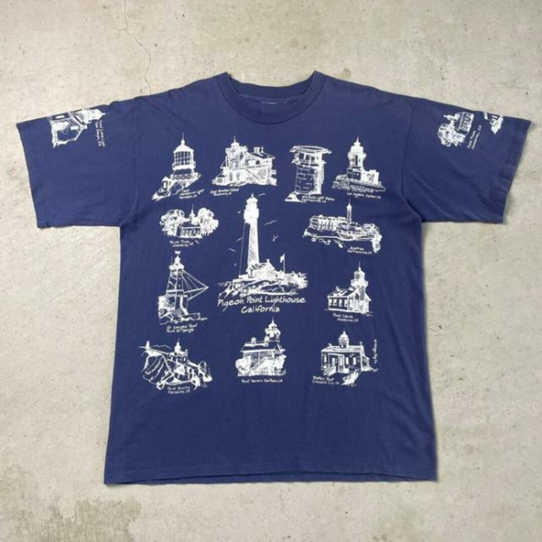 90年代 MICHIGAN RAG CO. ミシガンラグ 灯台 総柄プリント Tシャツ メンズXL相当