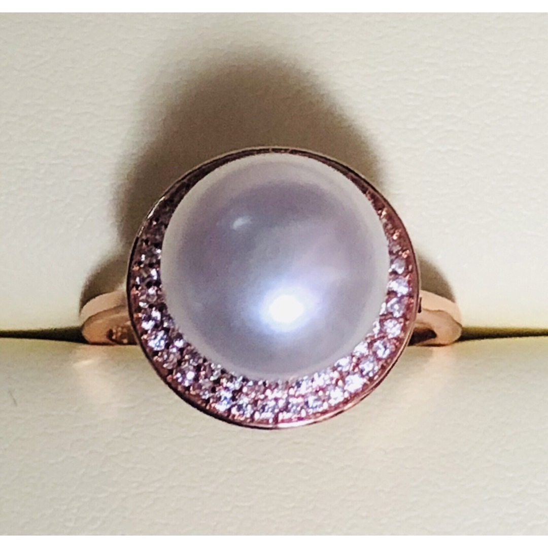 贅沢な12mm大粒♪金具純銀天然淡水真珠/ダイヤ入パール指輪♪サイズ：フリー♪b