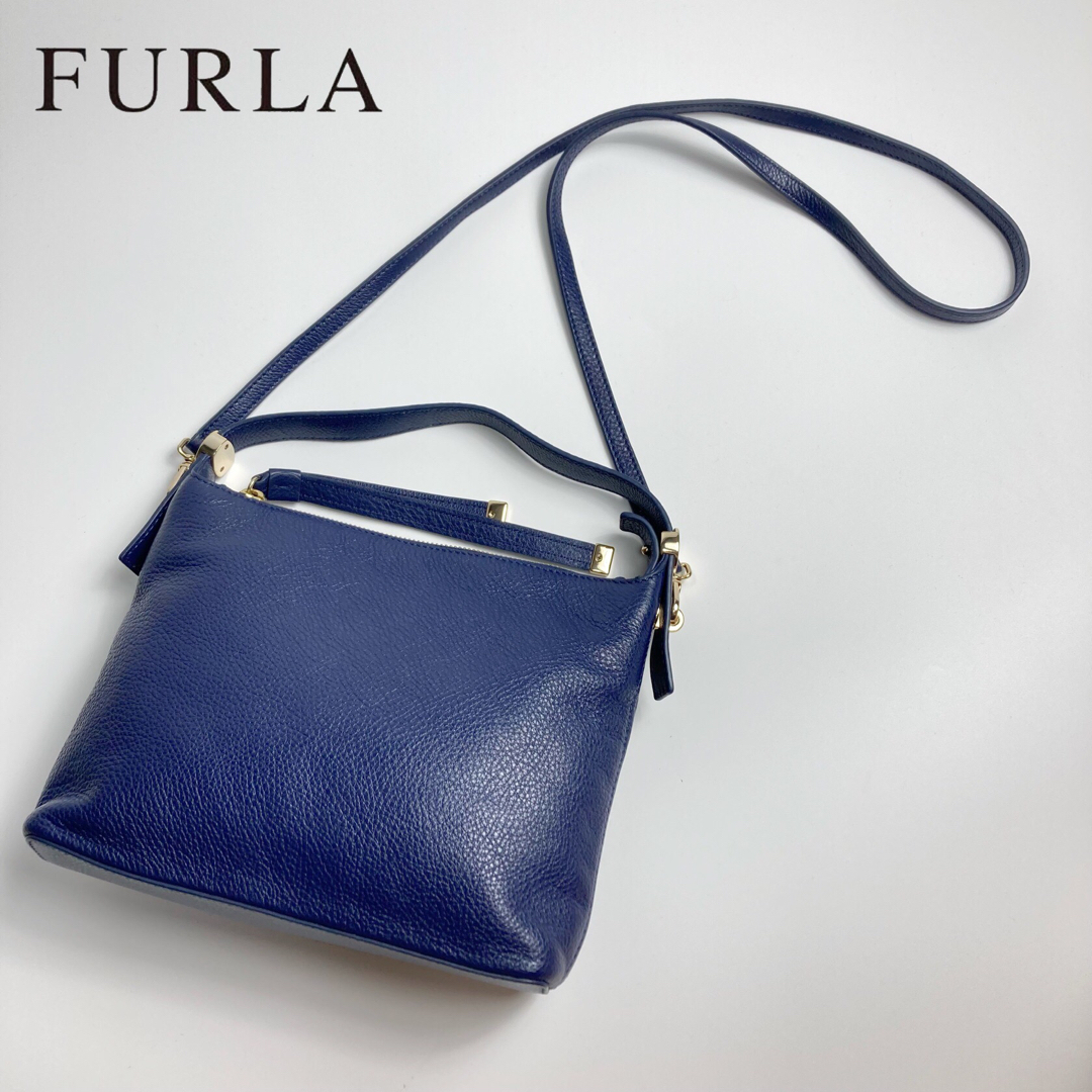 FURLA フルラ リリー ショルダーバッグ シボ革 ブルーshikataバッグ