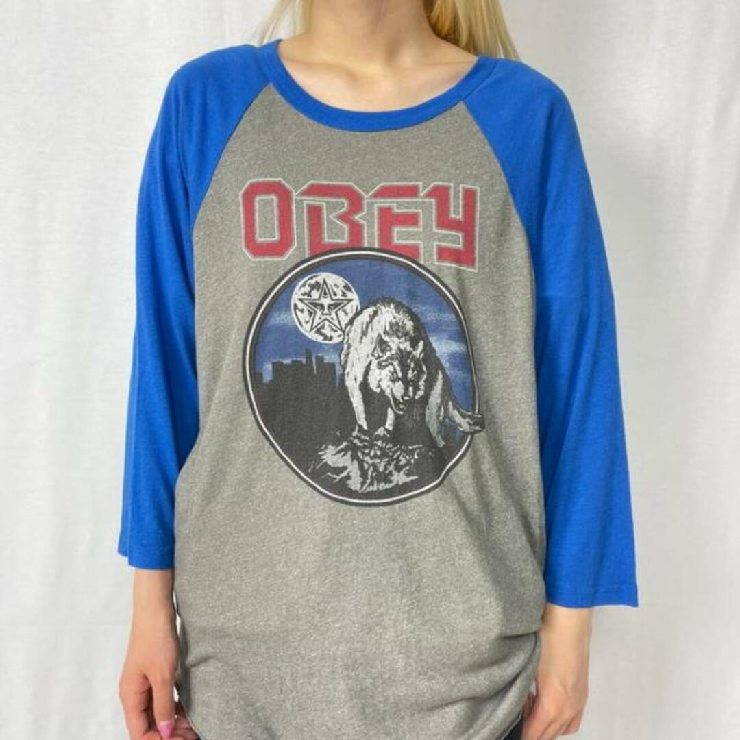 00年代 USA製 OBEY オベイ オオカミ アニマル プリント ラグランTシャツ メンズL