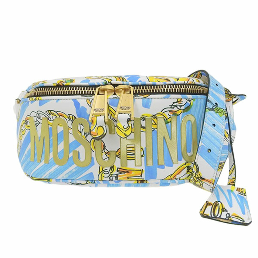 新品 モスキーノ Moschino レザー ボディバッグ ウエストポーチ ライトブルー 水色 ホワイト 白 マルチカラー 2A7715 Y01546