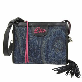 エトロ(ETRO)の美品 エトロ ETRO キャンバス レザー ショルダーバッグ 斜め掛けバッグ 黒 青 2018 1H997 参考価格 130900円 Y01547(ショルダーバッグ)