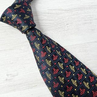 ヴィヴィアンウエストウッド 刺繍 ロゴ ネクタイ 総柄 ネイビー