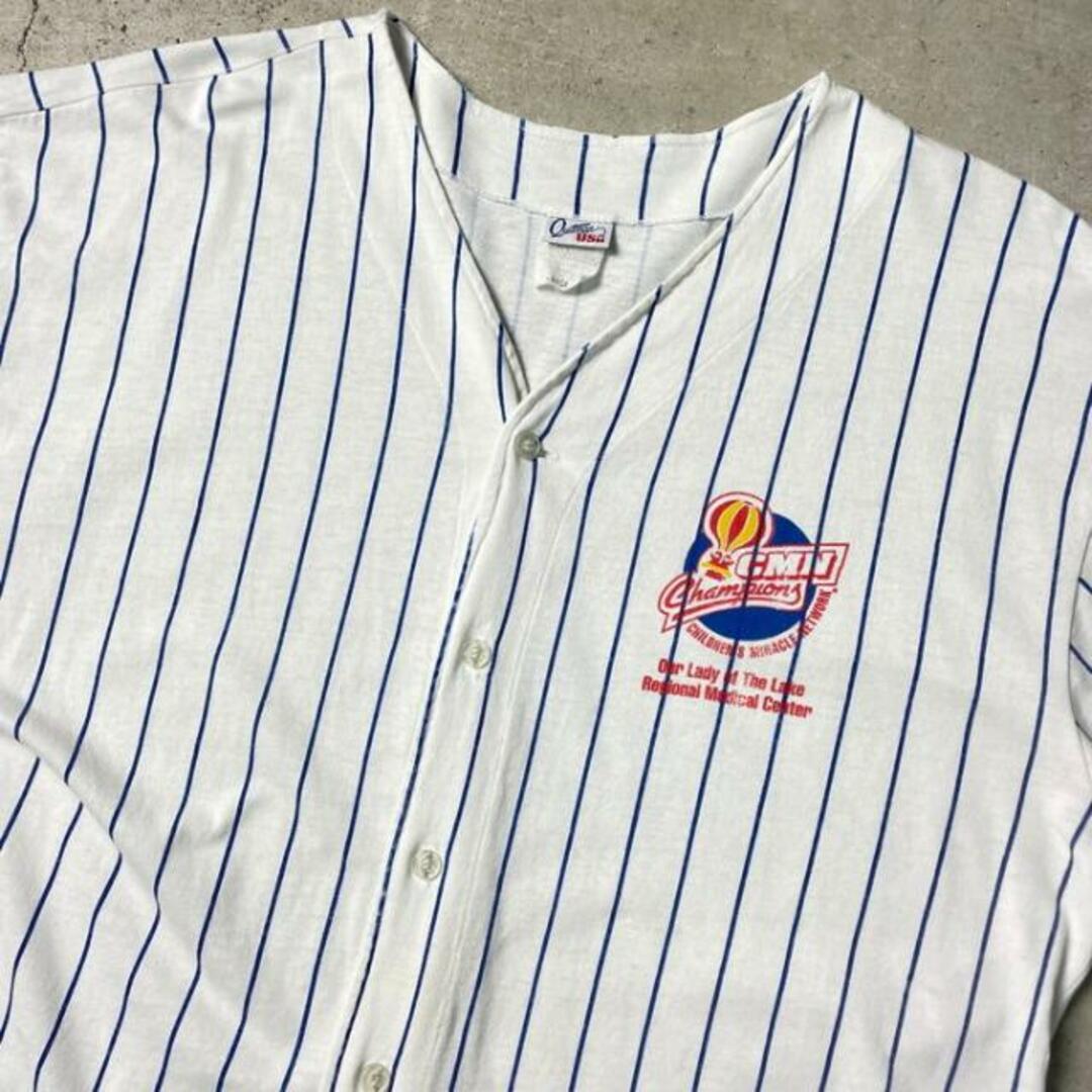 90年代 USA製 CMN CHAMPIONS 企業ロゴ プリント ストライプ Tシャツ生地 ベースボールシャツ メンズL