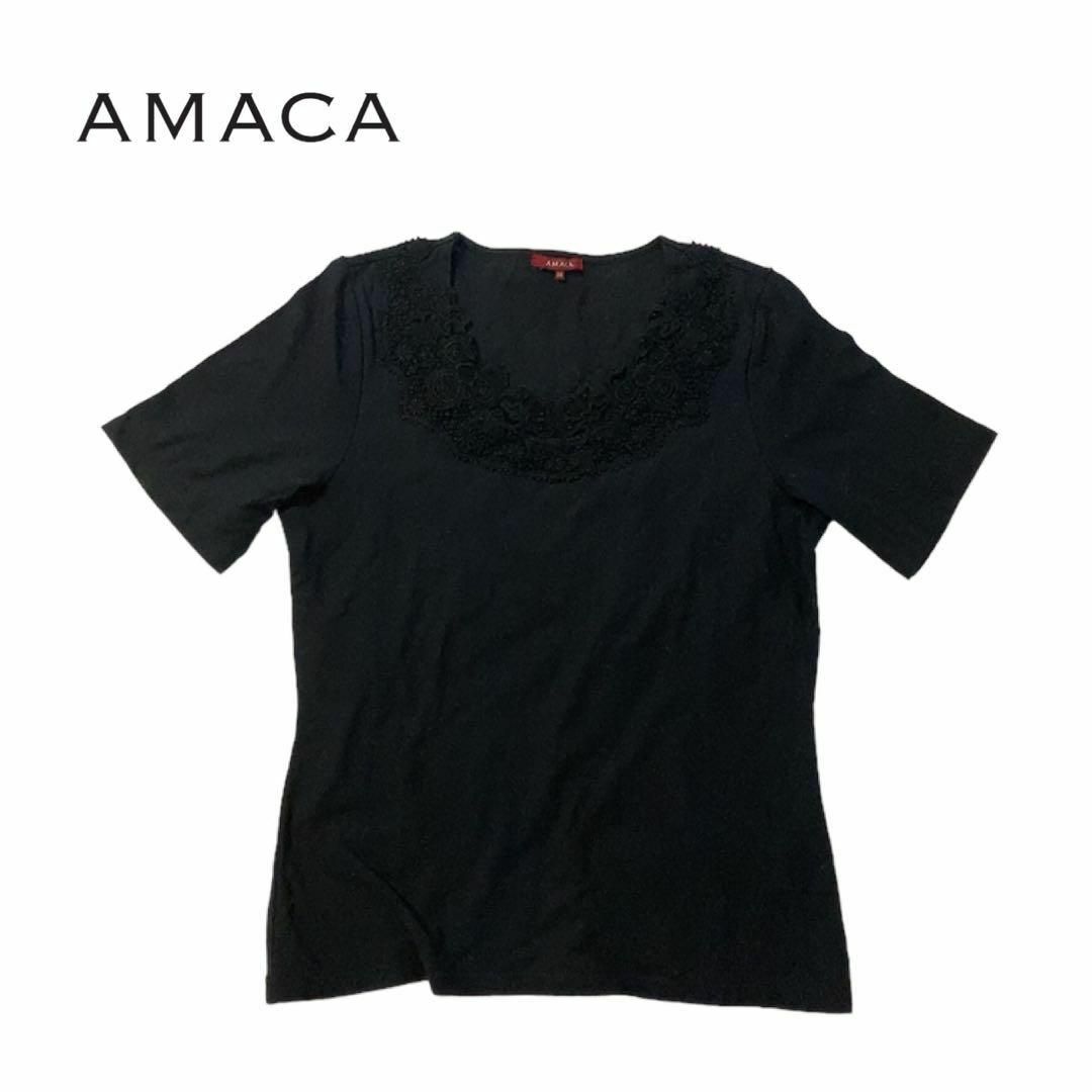 AMACA(アマカ)のAMACA アマカ　トップス　半袖　黒　ブラック　レース　三陽商会　38 レディースのトップス(Tシャツ(半袖/袖なし))の商品写真