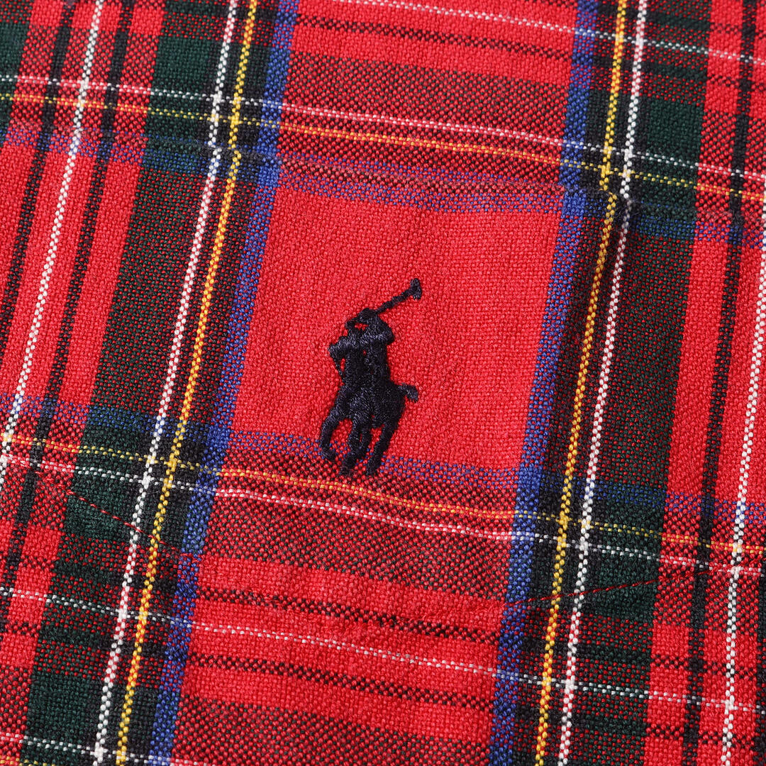 RALPH LAUREN ラルフローレン シャツ サイズ:L ワンポイント刺繍 タータン チェック ボタンダウン 長袖 シャツ BIG SHIRT  90s 90年代 オールドラルフローレン ビッグサイズ レッド系 赤 トップス カジュアルシャツ アメカジ 古着 【メンズ】【中古】