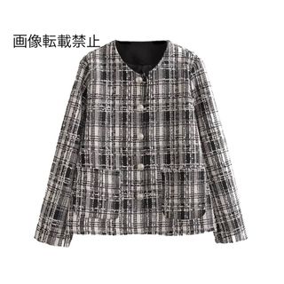 🍉8月新作👘11829◇チェック 柄 ツイード ノーカラージャケット(ノーカラージャケット)