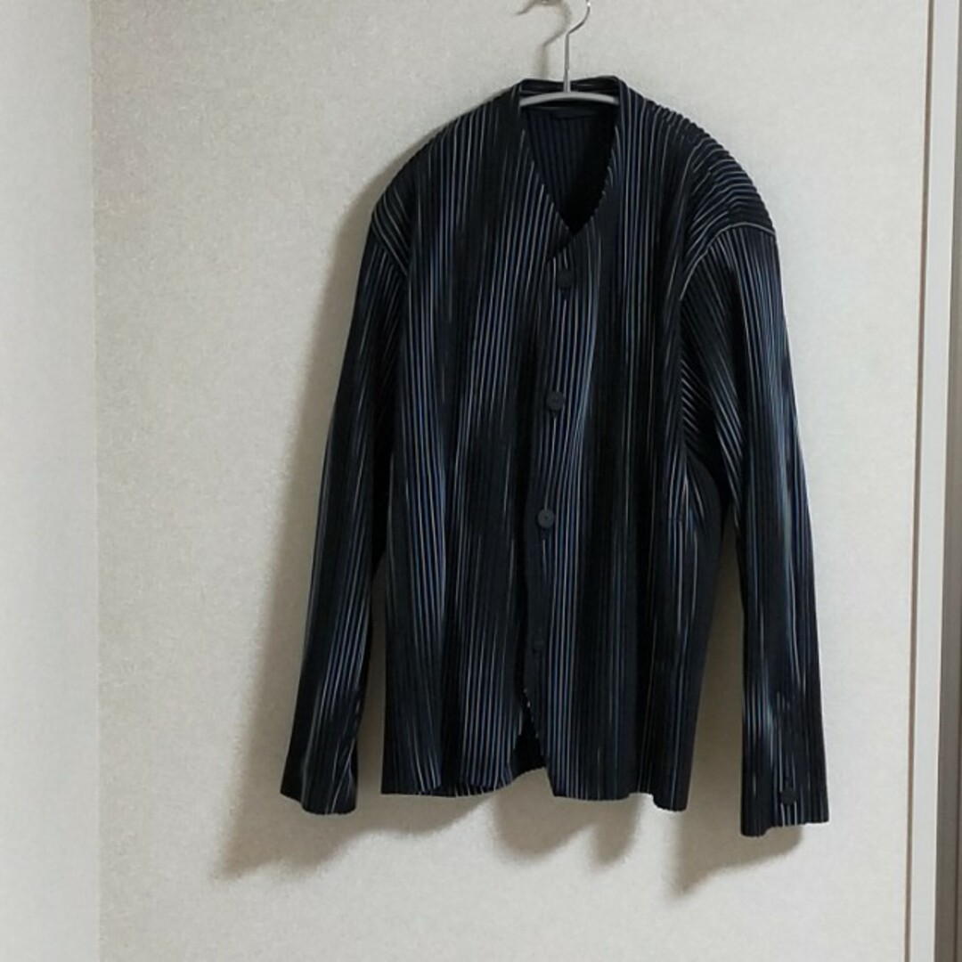 極美品 オムプリッセ イッセイミヤケ HOMME PLISSE ISSEY MIYAKE ジャケット ノーカラー プリーツ 無地 アウター メンズ  2(M相当) ブルー