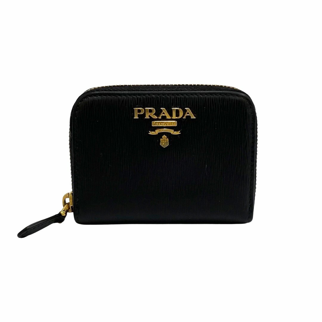 極 美品 箱 カード付 PRADA プラダ ロゴ 金具 レザー 本革 ラウンド