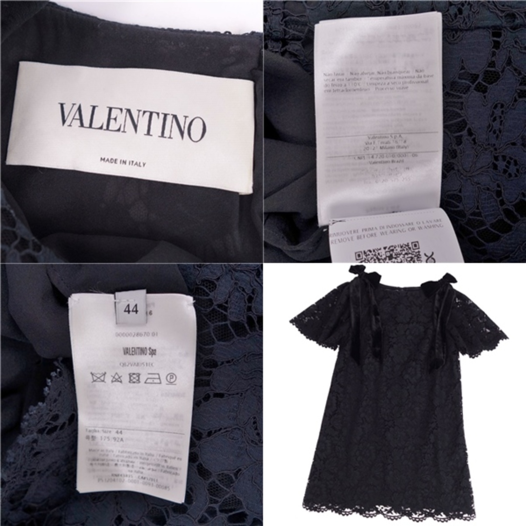 VALENTINO(ヴァレンティノ)の美品 ヴァレンティノ VALENTINO ワンピース ドレス フレンチスリーブ 総レース リボン トップス レディース 44(L相当) ブラック レディースのワンピース(ひざ丈ワンピース)の商品写真