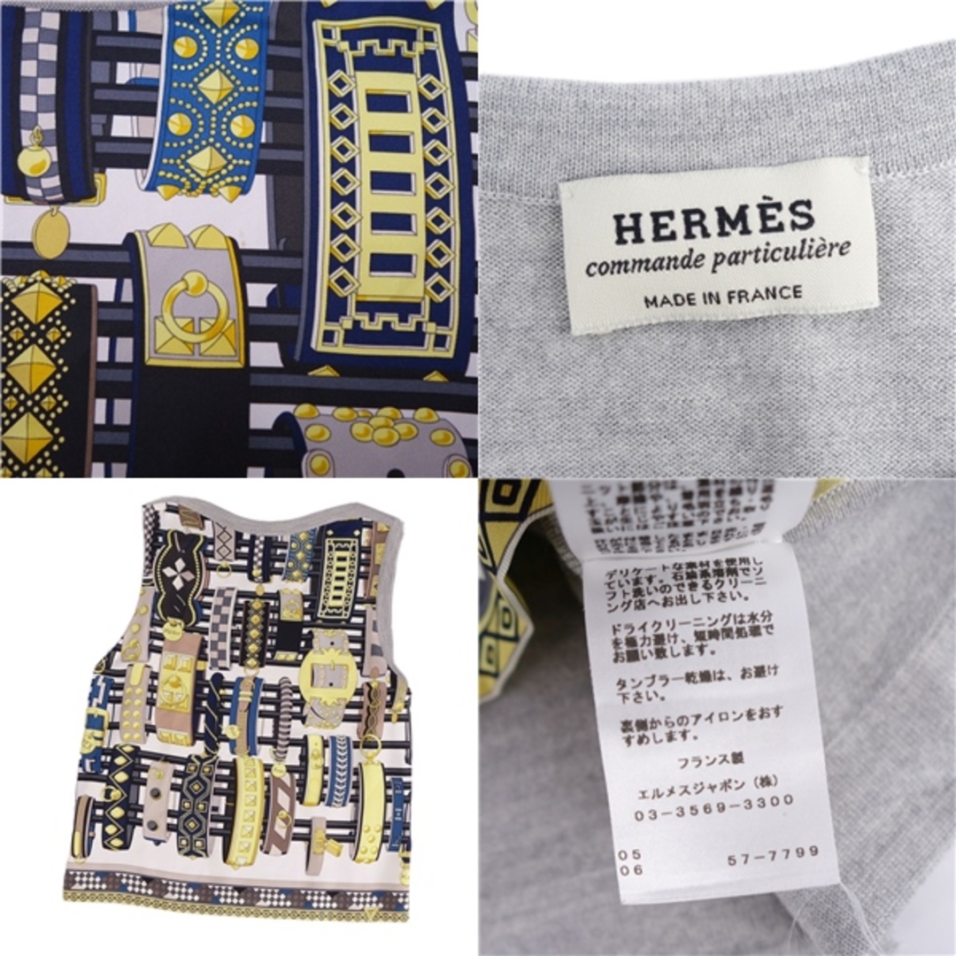 エルメス HERMES ニット セーター ノースリーブ シルク切替 総柄 ウール トップス レディース 38(M相当) グレー