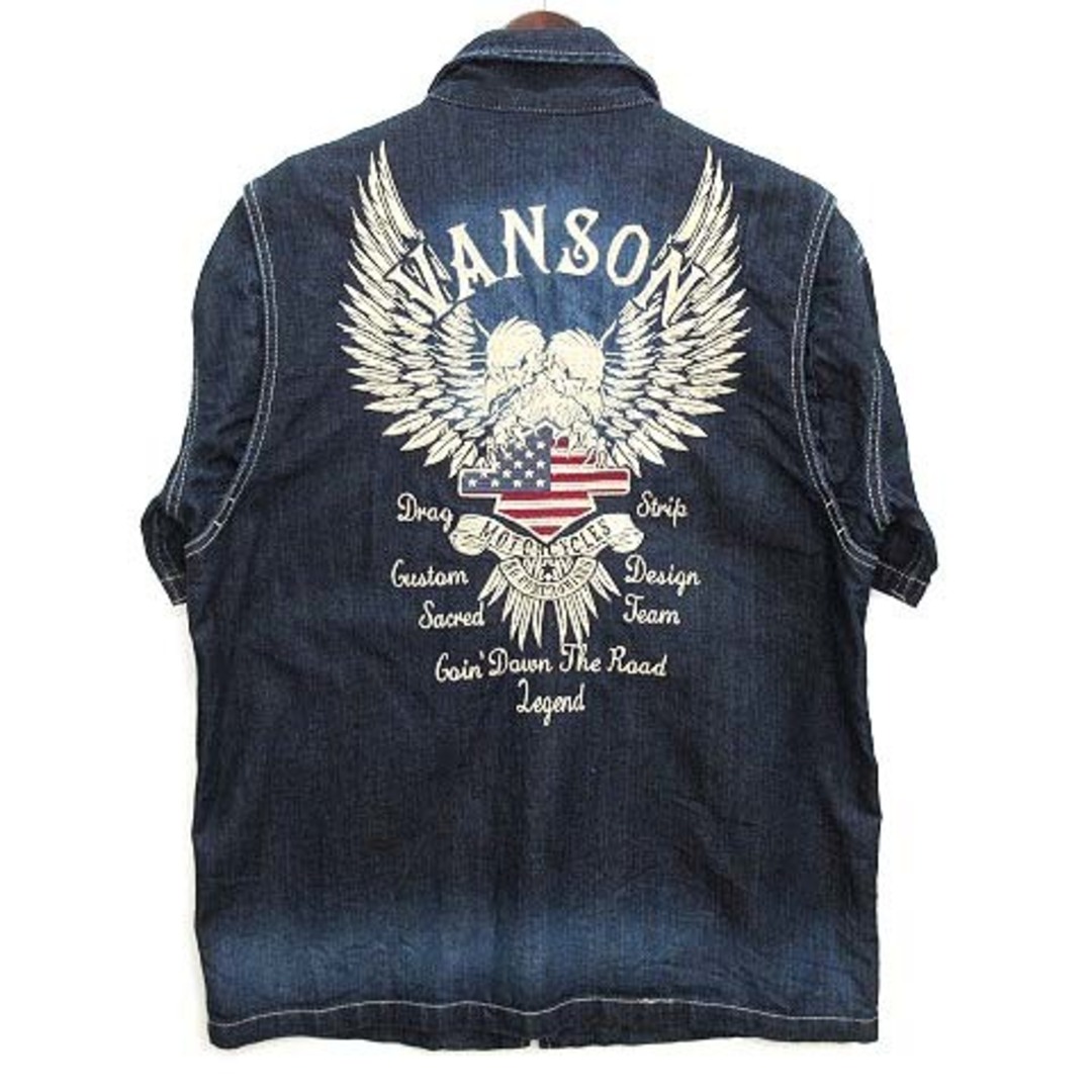 バンソン VANSON イーグル 刺繍 ジップ デニム 半袖 シャツ ワッペン