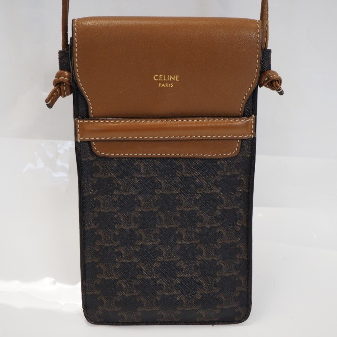 celine(セリーヌ)のセリーヌ フラップ付きモバイルポーチ フォンポーチ キャンバス×本革 ブラウン系 Th501161 中古 レディースのファッション小物(ポーチ)の商品写真