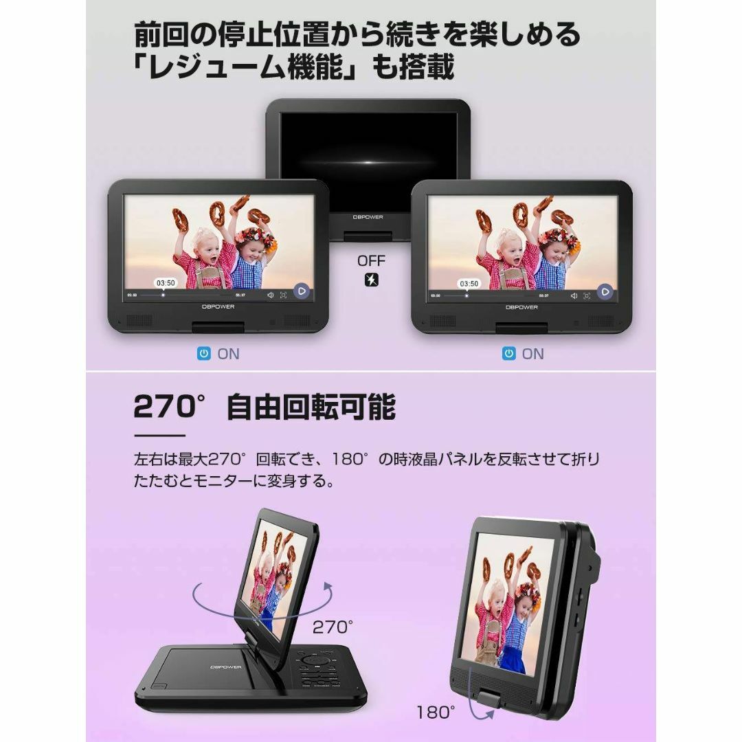 充電式バッテリー搭載10.5インチポータブルDVDプレーヤー