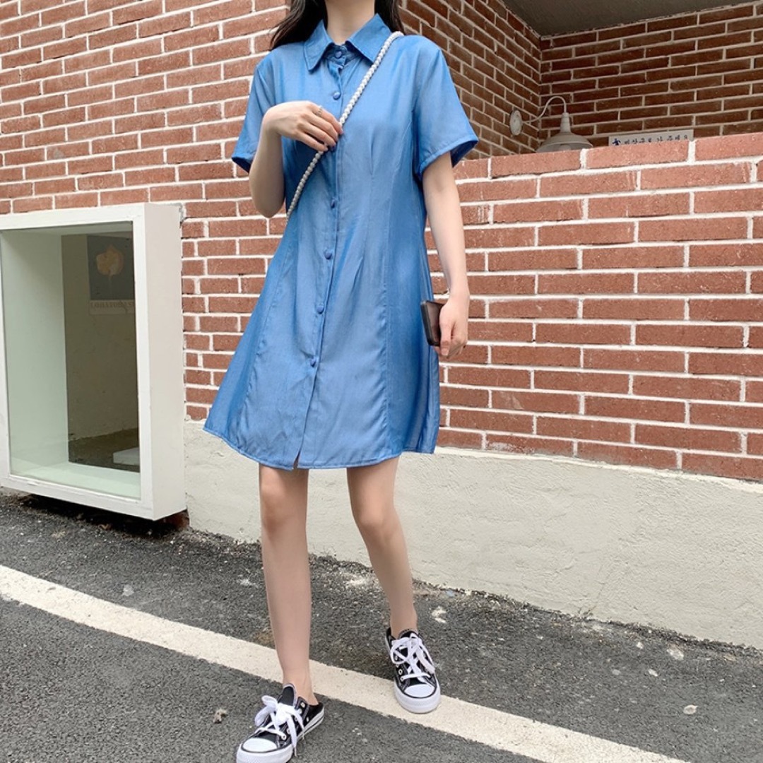 レディースワンピース　XLサイズ　ブルー　とろみシャツ　夏服　韓国 レディースのワンピース(ミニワンピース)の商品写真