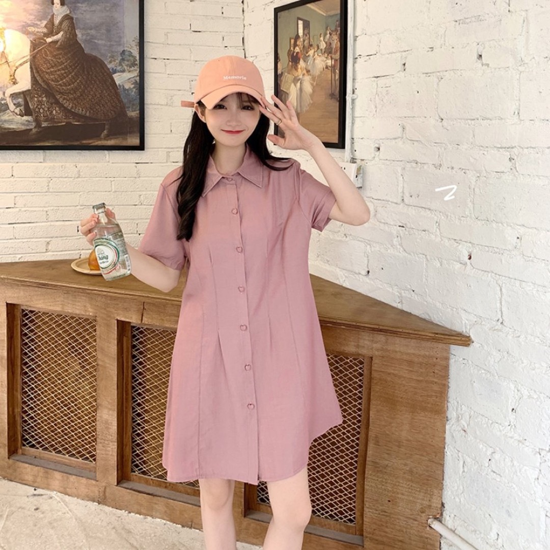 レディースワンピース　XLサイズ　ピンク　とろみシャツ　ミニ　夏服　韓国 レディースのワンピース(ミニワンピース)の商品写真