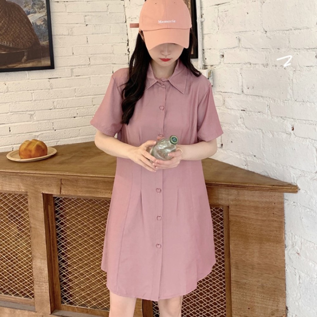 レディースワンピース　XLサイズ　ピンク　とろみシャツ　ミニ　夏服　韓国 レディースのワンピース(ミニワンピース)の商品写真