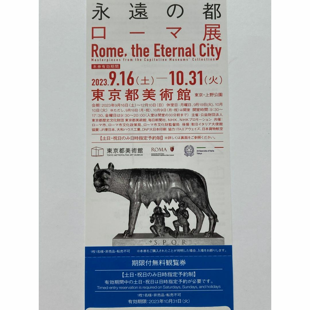 2枚　永遠の都　ローマ展　東京都美術館　期限付き無料観覧券
