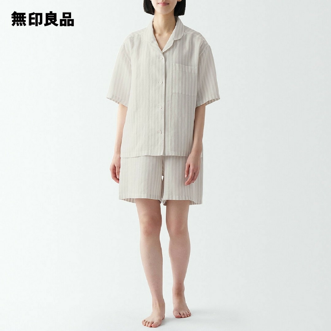 MUJI (無印良品)(ムジルシリョウヒン)の無印良品 天然素材の接触冷感 リヨセル麻半袖パジャマ／ライトグレーストライプ／Ｍ レディースのルームウェア/パジャマ(パジャマ)の商品写真