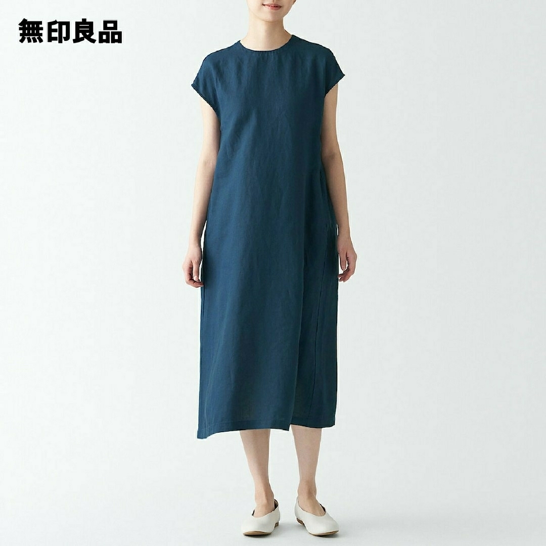 MUJI (無印良品)(ムジルシリョウヒン)の【新品】 無印良品ヘンプ洗いざらしフレンチスリーブワンピース／ブルー／Ｍ レディースのワンピース(ひざ丈ワンピース)の商品写真