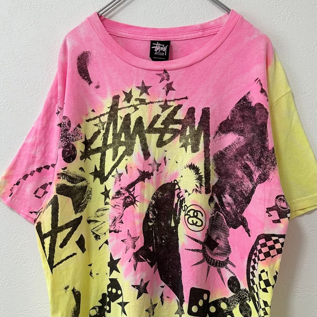 STUSSY(ステューシー)のstussy/ステューシー★タイダイ&エイトボール&総柄Tシャツ★ピンク黄黒★M メンズのトップス(Tシャツ/カットソー(半袖/袖なし))の商品写真