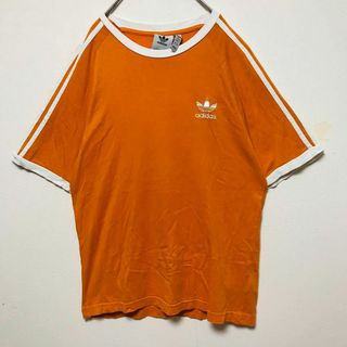 アディダス(adidas)のアディダス リンガーネックＴシャツ オレンジ×ホワイト 刺繍 半袖 3ライン(Tシャツ/カットソー(半袖/袖なし))