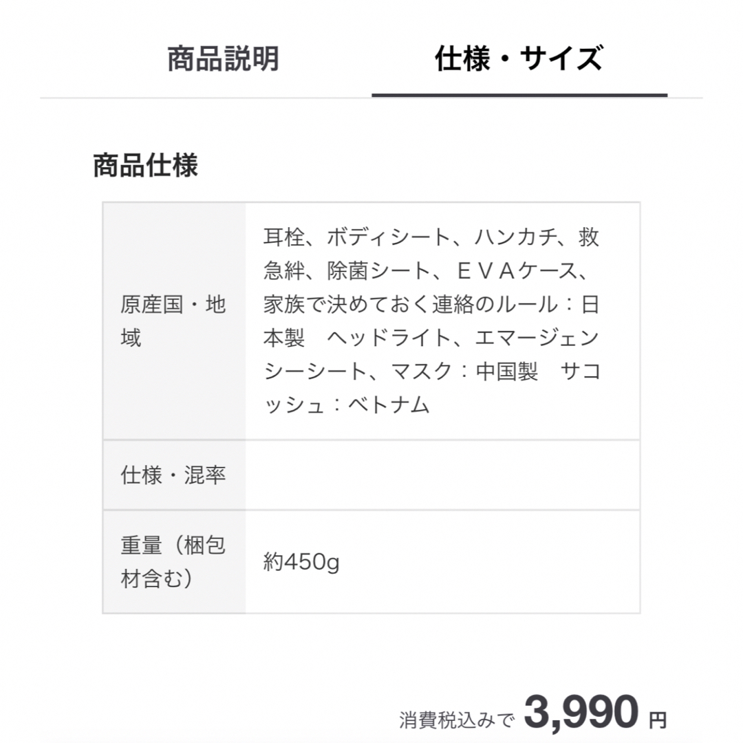 MUJI (無印良品)(ムジルシリョウヒン)の新品未使用　無印良品　いつものもしも持ち出しセット インテリア/住まい/日用品の日用品/生活雑貨/旅行(防災関連グッズ)の商品写真