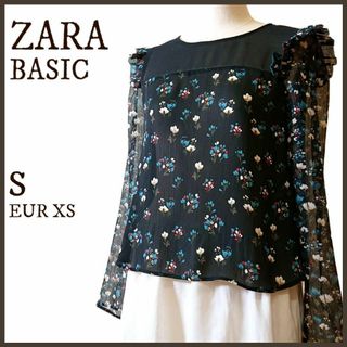 ザラ(ZARA)のZARA BASIC/ザラ/ブラウス/花柄/る長袖/ブラック黒/フリル/春夏S(カットソー(長袖/七分))